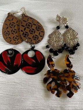 Assorted Women’s Statement Earring set, 3” - 2 1/2” Black silver, red & tortoise